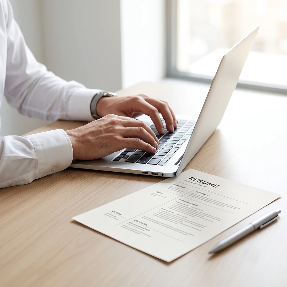 Typing on a laptop next to a British format CV; to fing How to Get a Job in the UK with Visa Sponsorship