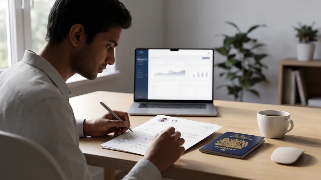 "Minimalist workspace featuring a laptop with data charts, a white coffee cup, and a British passport on a wooden desk, symbolizing a data analyst's journey to the UK."
