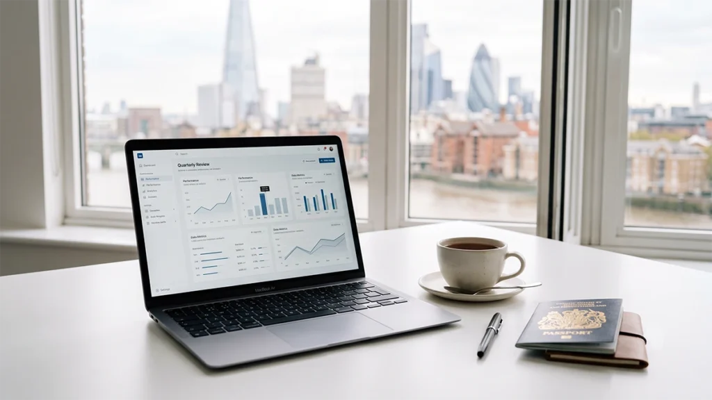 Laptop and passport on a modern desk with a London background; a guide to finding UK visa sponsorship jobs.