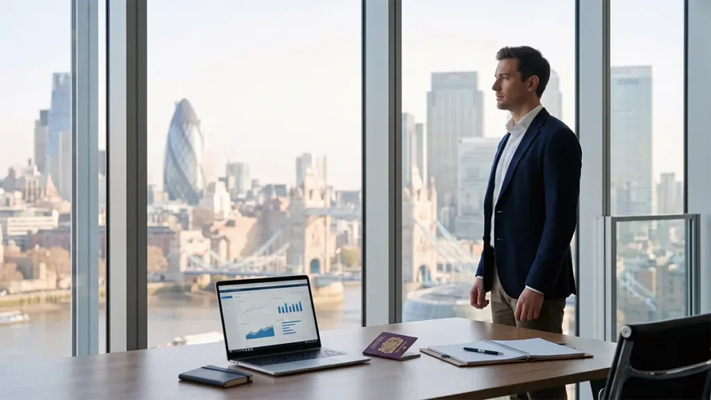 Professional international job seeker reviewing UK career opportunities and companies offering visa sponsorship in London.