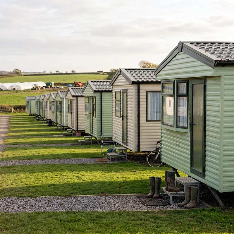 Modern static caravans used as accommodation for agricultural workers on a UK farm.