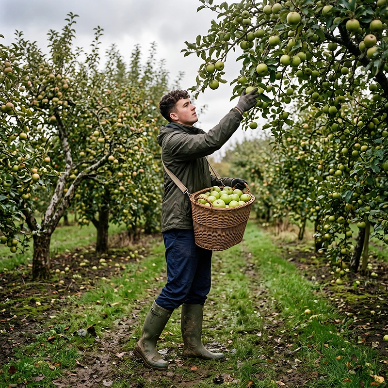 A male farm worker picking green apples in a traditional English apple orchard.
