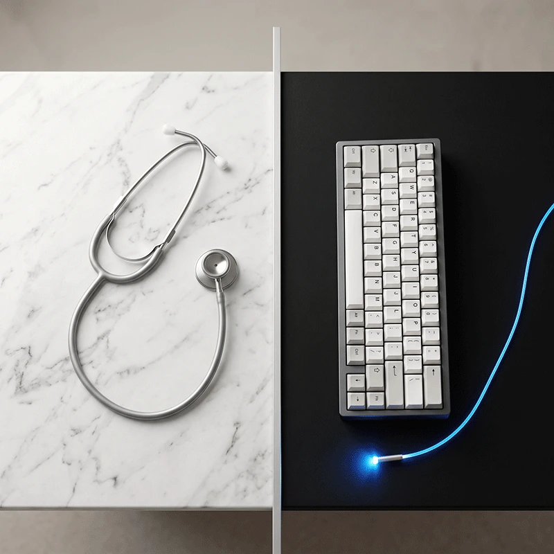Stethoscope and mechanical keyboard representing high-demand healthcare and IT jobs with visa sponsorship in the UK.