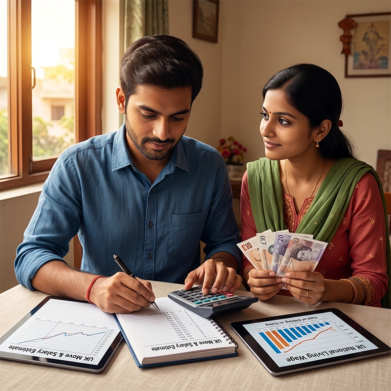 warm, professional portrait of a married Indian couple (one applicant) calculating their UK salary and cost of living estimates, planning their sponsored move.