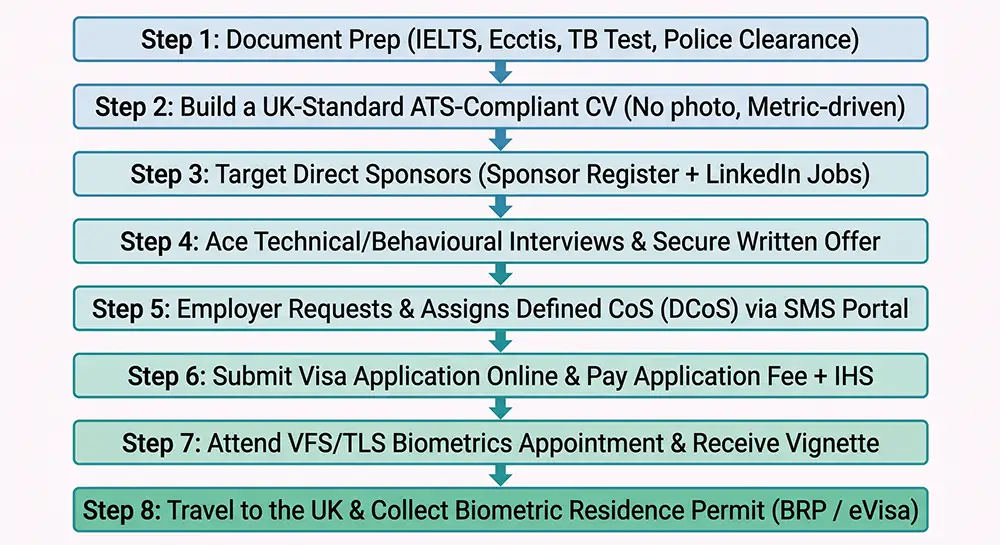 Step-by-step diagram showing how to filter the Home Office sponsor register and verify UK companies that offer visa sponsorship.