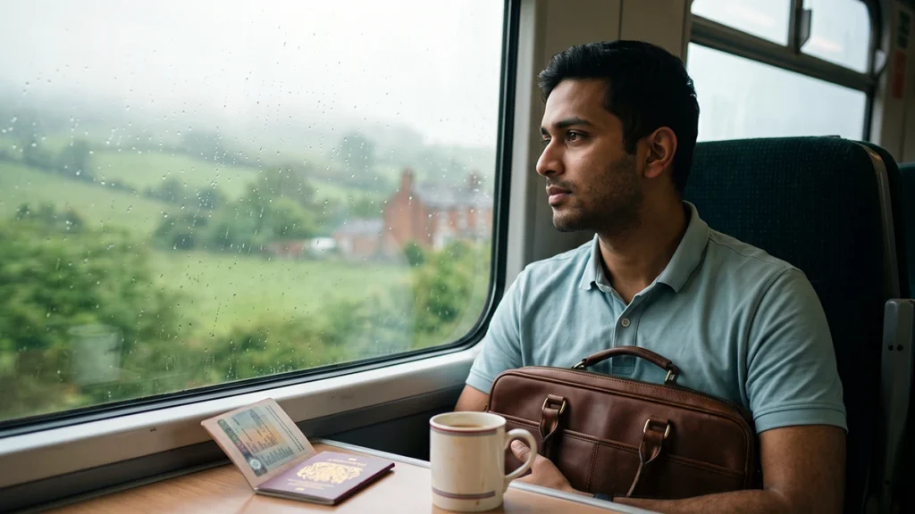 Foreign IT professional travelling on a UK train after securing an IT job in the UK with visa sponsorship.