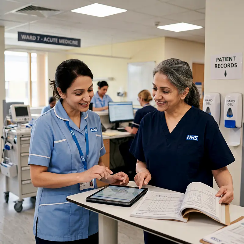 NHS nursing assistant and senior staff nurse conducting a clinical patient handover at a hospital nurses station.
