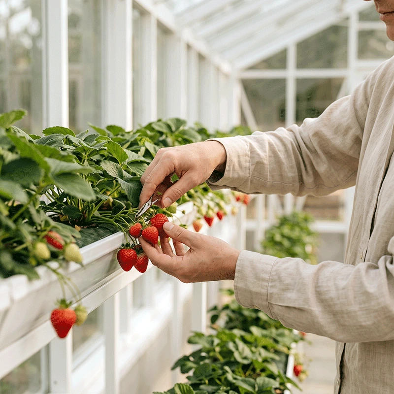 Close up of a seasonal agricultural worker picking fresh strawberries in the UK.