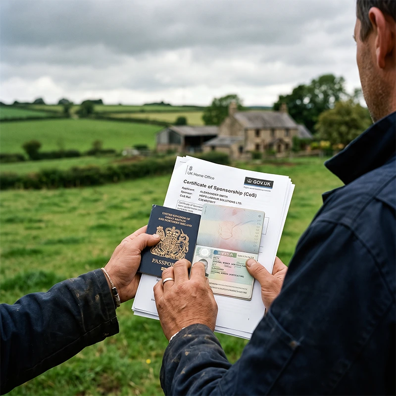 A close-up of a worker holding a UK visa document and passport against a countryside background.