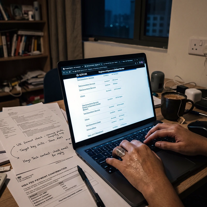 Candidate searching for Tier 2 sponsorship IT jobs in the UK and preparing application documents late at night.