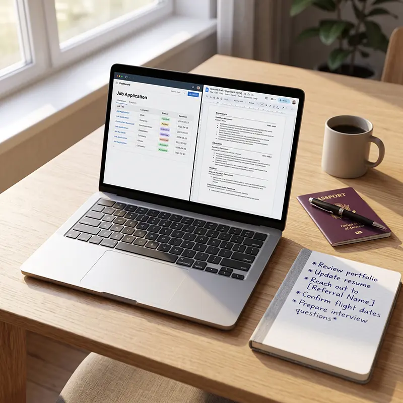 Applicant preparing a UK Health and Care Worker visa application and NHS supporting statement on a laptop.