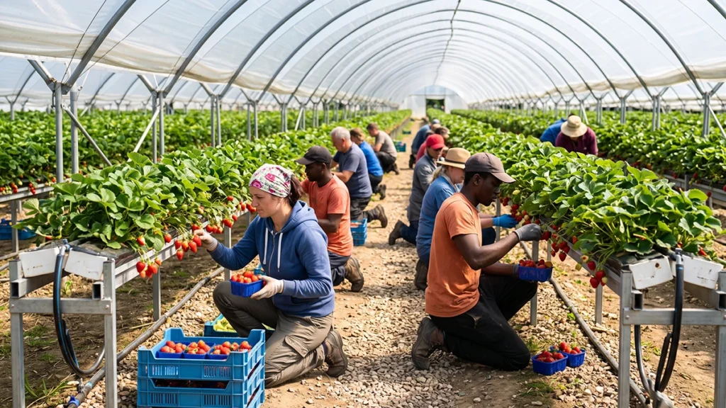Seasonal agricultural workers harvesting fresh strawberries in a modern UK polytunnel.