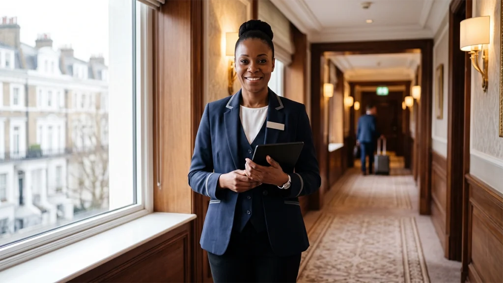 A photorealistic portrait of a professional housekeeping supervisor in a luxury hotel corridor, representing hospitality career opportunities in the UK.