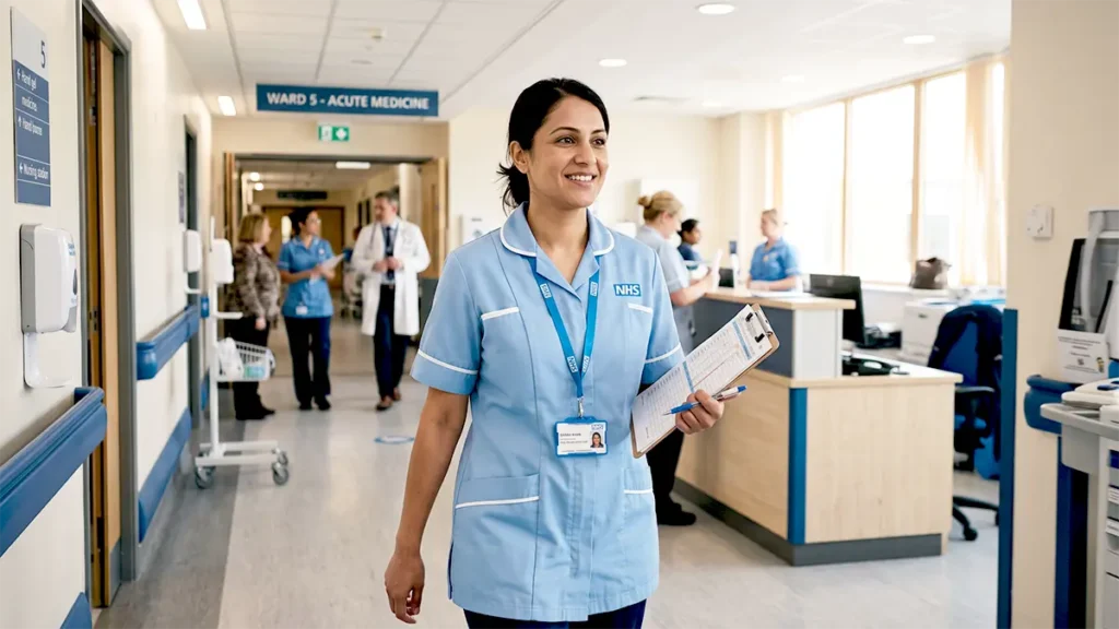 Professional NHS healthcare assistant in uniform working in a modern UK hospital ward.