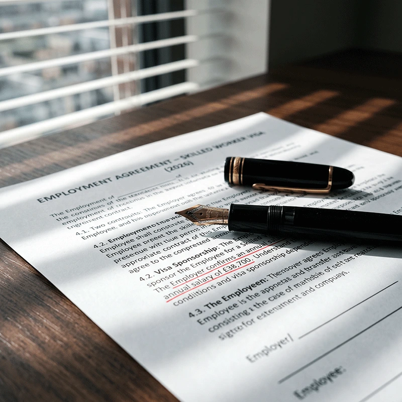 Employment contract and pen highlighting the legal conditions and risks of a UK Skilled Worker Visa.