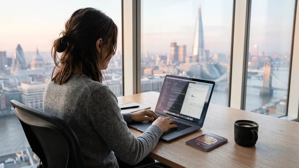 Modern workspace representing a professional applying for UK visa sponsorship jobs in 2026.