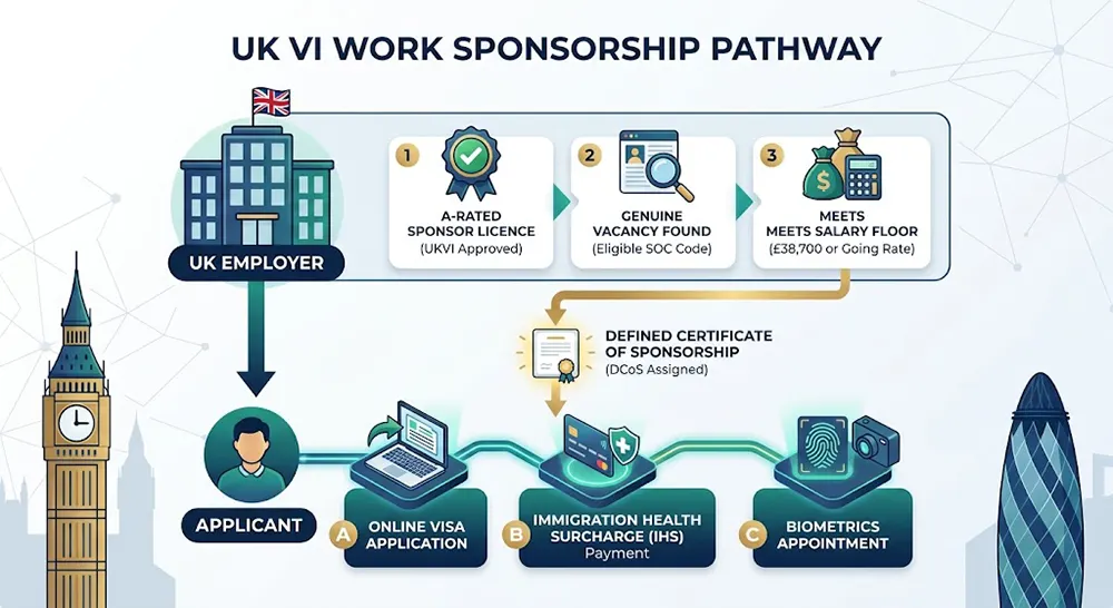 Flowchart explaining how companies in the UK that offer visa sponsorship assign a Defined CoS to international applicants.