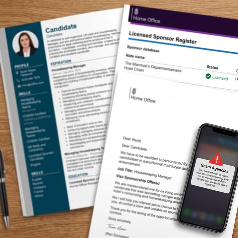 A detailed close-up photograph illustrating a candidate's UK-style CV and a job offer letter, with the Home Office licensed sponsor register open on a tablet, preventing visa scams.