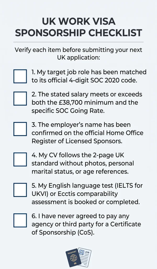 Minimalist pre-application checklist for candidates targeting companies in the UK that offer visa sponsorship.